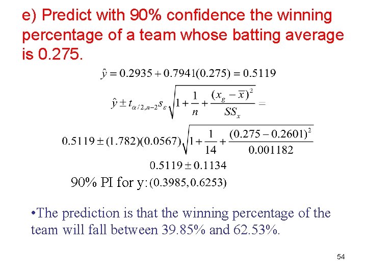 e) Predict with 90% confidence the winning percentage of a team whose batting average e) Predict with 90% confidence the winning percentage of a team whose batting average