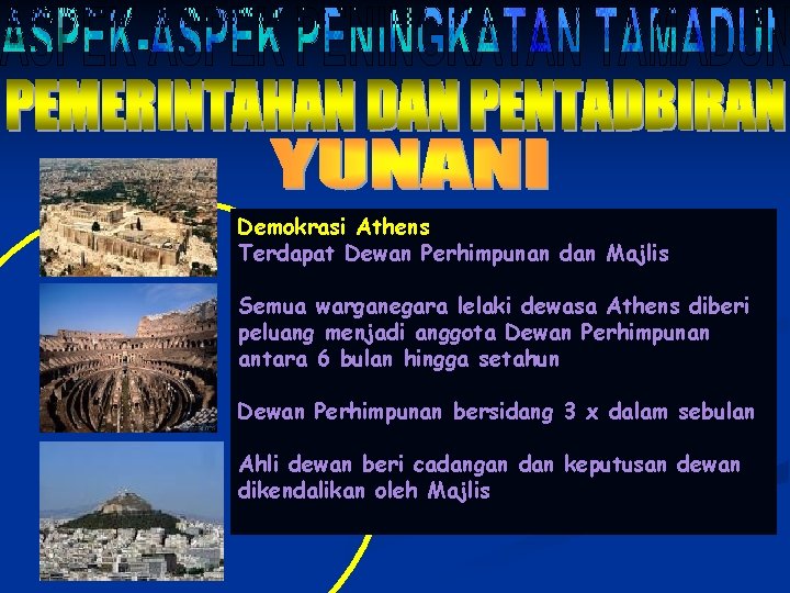 Demokrasi Athens Terdapat Dewan Perhimpunan dan Majlis Semua warganegara lelaki dewasa Athens diberi peluang