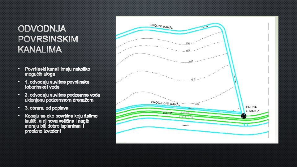 ODVODNJA POVRŠINSKIM KANALIMA • POVRŠINSKI KANALI IMAJU NEKOLIKO MOGUĆIH ULOGA • 1. ODVODNJU SUVIŠNE