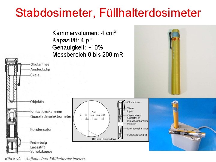 Stabdosimeter, Füllhalterdosimeter Kammervolumen: 4 cm³ Kapazität: 4 p. F Genauigkeit: ~10% Messbereich 0 bis