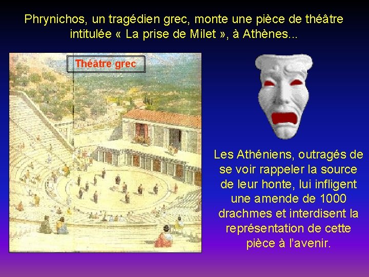 Phrynichos, un tragédien grec, monte une pièce de théâtre intitulée « La prise de