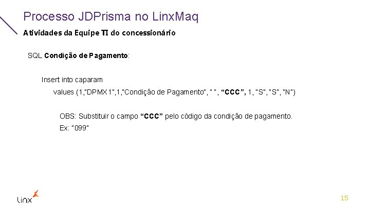 Processo JDPrisma no Linx. Maq Atividades da Equipe TI do concessionário SQL Condição de