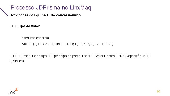 Processo JDPrisma no Linx. Maq Atividades da Equipe TI do concessionário SQL Tipo de