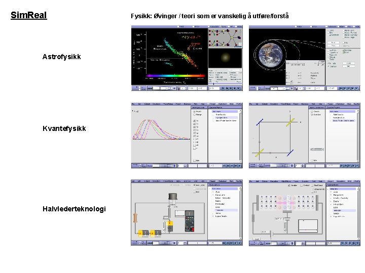 Sim. Real Astrofysikk Kvantefysikk Halvlederteknologi Fysikk: Øvinger / teori som er vanskelig å utføre/forstå