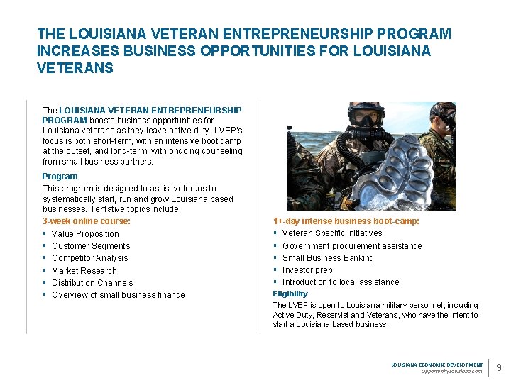 THE LOUISIANA VETERAN ENTREPRENEURSHIP PROGRAM INCREASES BUSINESS OPPORTUNITIES FOR LOUISIANA VETERANS The LOUISIANA VETERAN