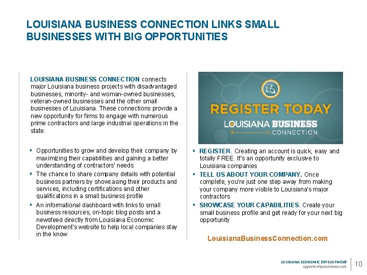 LOUISIANA BUSINESS CONNECTION LINKS SMALL BUSINESSES WITH BIG OPPORTUNITIES LOUISIANA BUSINESS CONNECTION connects major