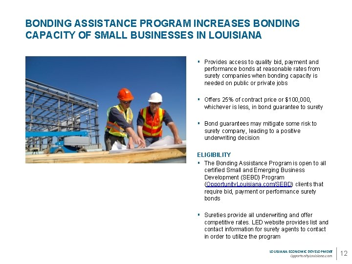 BONDING ASSISTANCE PROGRAM INCREASES BONDING CAPACITY OF SMALL BUSINESSES IN LOUISIANA § Provides access
