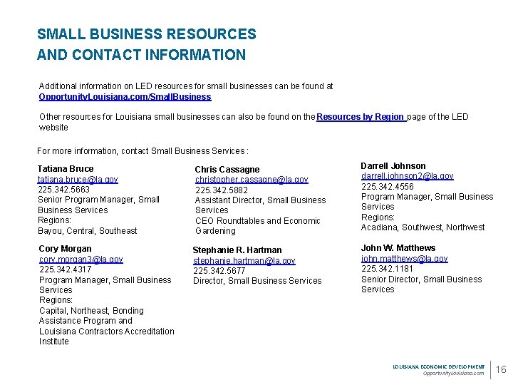 SMALL BUSINESS RESOURCES AND CONTACT INFORMATION Additional information on LED resources for small businesses