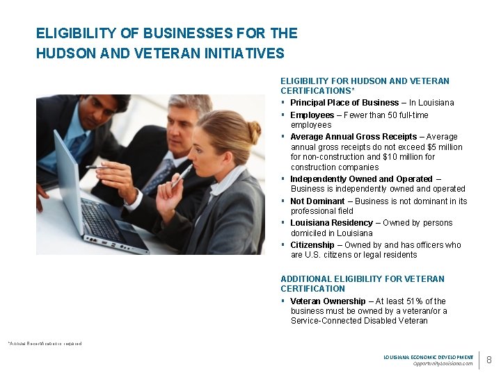 ELIGIBILITY OF BUSINESSES FOR THE HUDSON AND VETERAN INITIATIVES ELIGIBILITY FOR HUDSON AND VETERAN