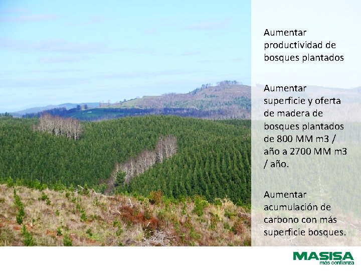 Aumentar productividad de bosques plantados Aumentar superficie y oferta de madera de bosques plantados
