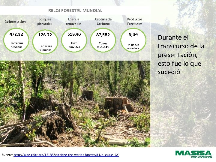 RELOJ FORESTAL MUNDIAL Deforestación Bosques plantados Energía renovable Captura de Carbono 472. 32 126.