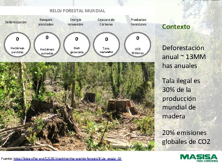 RELOJ FORESTAL MUNDIAL Deforestación Bosques plantados Energía renovable Captura de Carbono Productos Forestales 0
