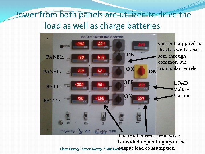 Power from both panels are utilized to drive the load as well as charge