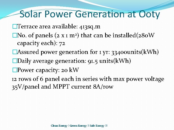 Solar Power Generation at Ooty �Terrace area available: 413 sq. m �No. of panels