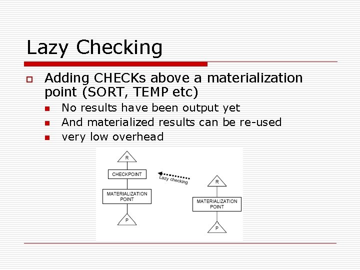 Lazy Checking o Adding CHECKs above a materialization point (SORT, TEMP etc) n n