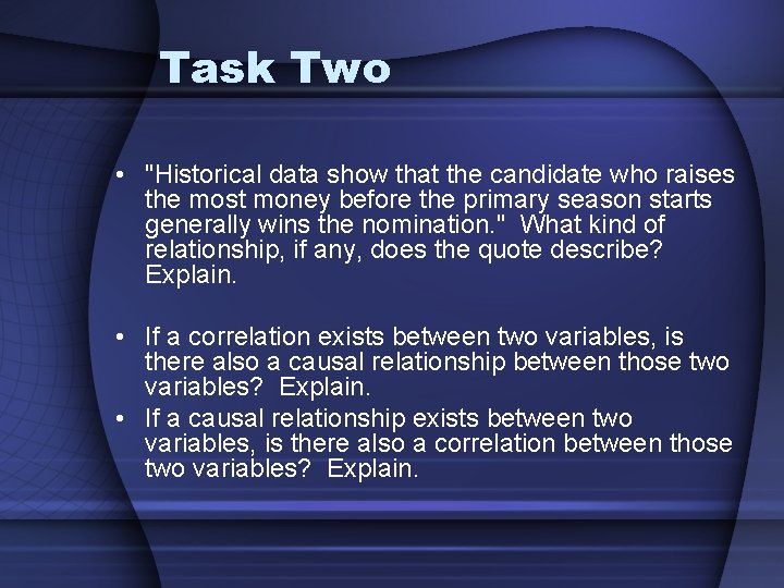 Task Two • "Historical data show that the candidate who raises the most money