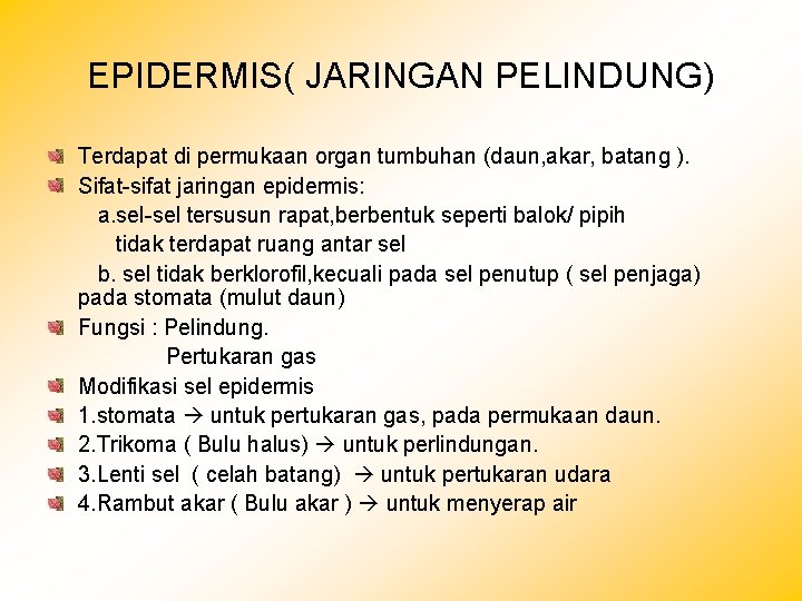 EPIDERMIS( JARINGAN PELINDUNG) Terdapat di permukaan organ tumbuhan (daun, akar, batang ). Sifat-sifat jaringan