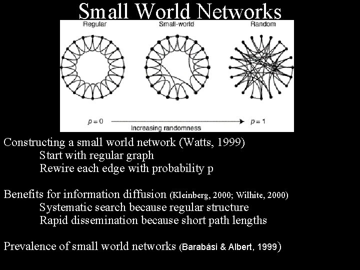 Small World Networks Constructing a small world network (Watts, 1999) Start with regular graph