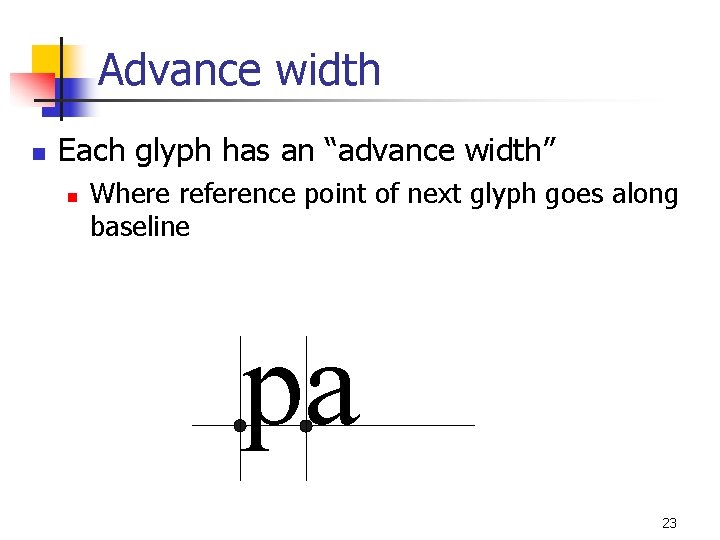 Advance width n Each glyph has an “advance width” n Where reference point of