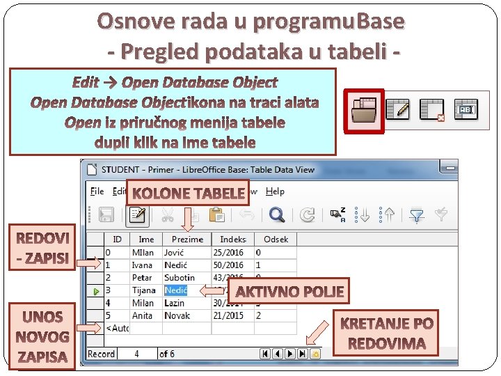 Osnove rada u programu. Base - Pregled podataka u tabeli Edit → Open Database