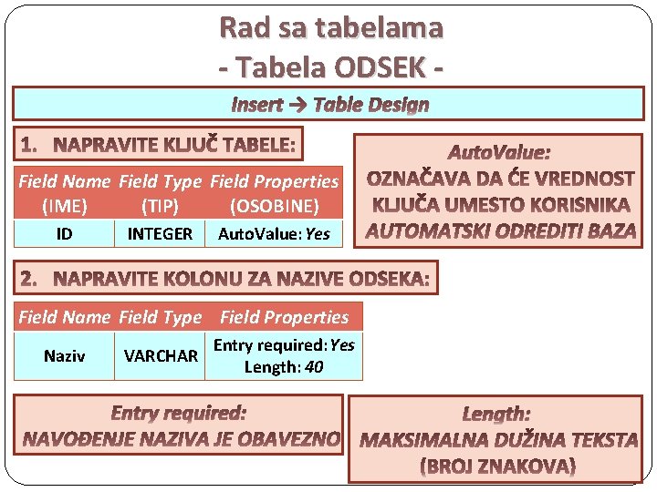 Rad sa tabelama - Tabela ODSEK Insert → Table Design Auto. Value: Field Name