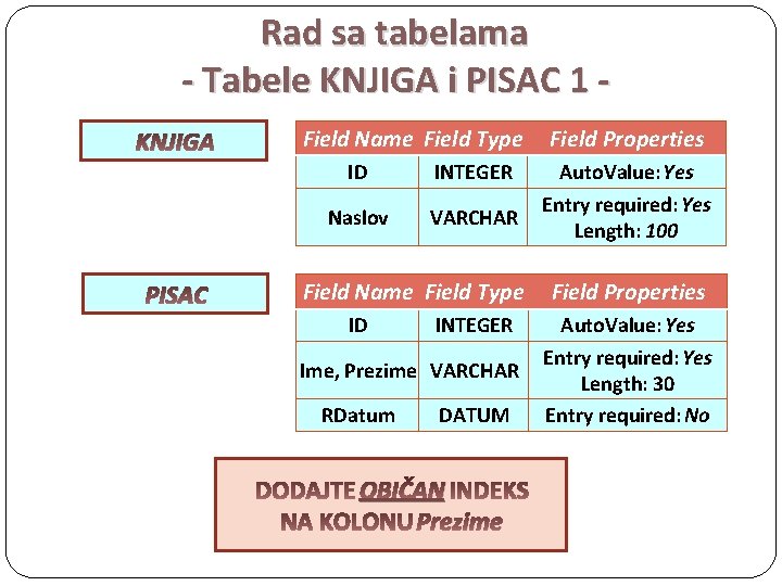 Rad sa tabelama - Tabele KNJIGA i PISAC 1 KNJIGA PISAC Field Name Field