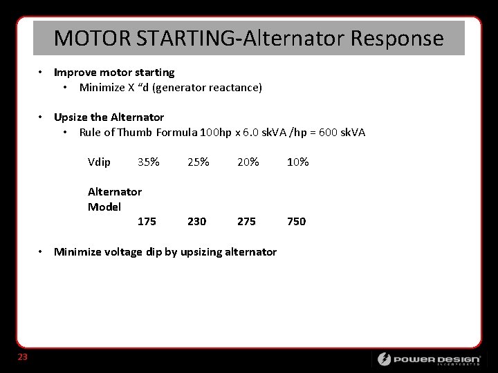 MOTOR STARTING-Alternator Response • Improve motor starting • Minimize X “d (generator reactance) •