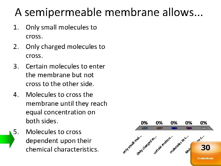 A semipermeable membrane allows. . . 1. Only small molecules to cross. 2. Only