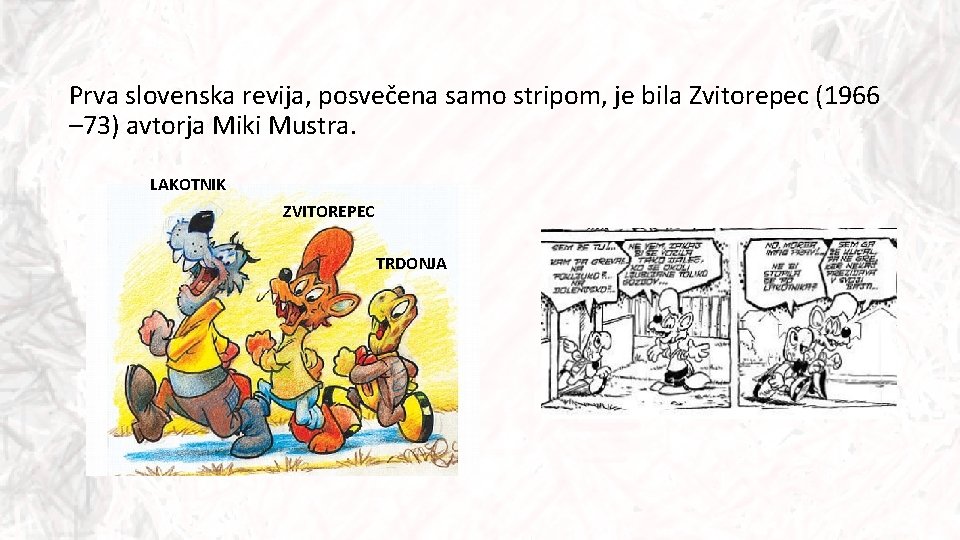 Prva slovenska revija, posvečena samo stripom, je bila Zvitorepec (1966 – 73) avtorja Miki