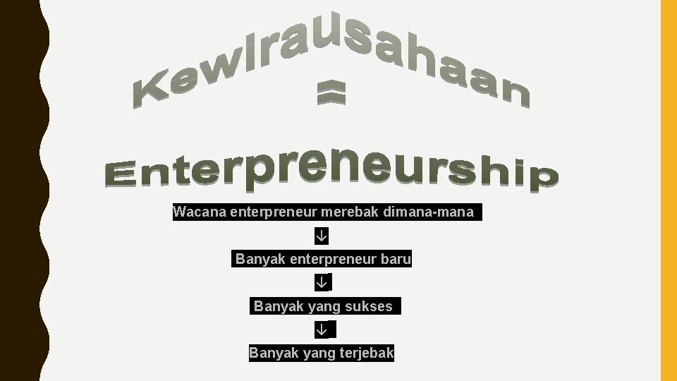 Wacana enterpreneur merebak dimana-mana ↓ Banyak enterpreneur baru ↓ Banyak yang sukses ↓ Banyak