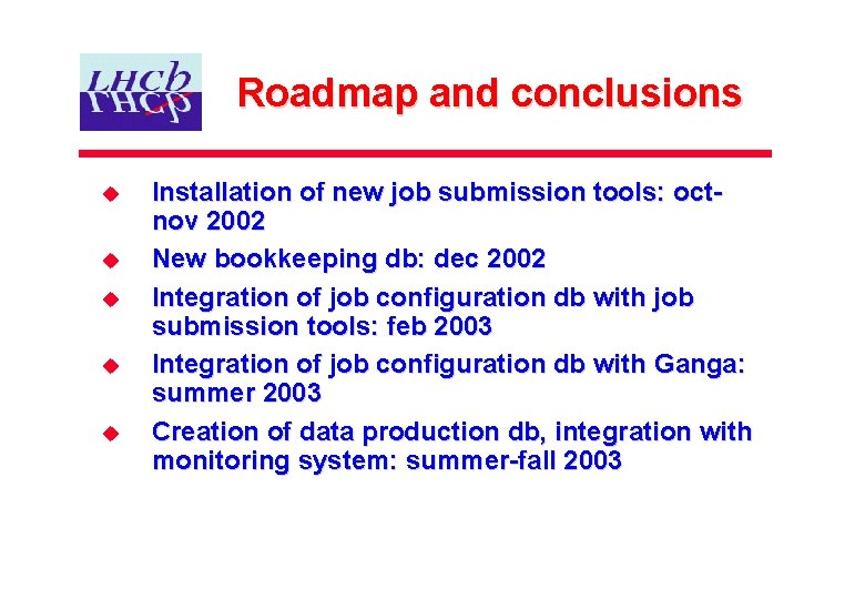 Roadmap and conclusions u u u Installation of new job submission tools: octnov 2002