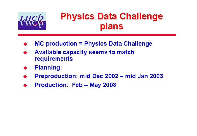 Physics Data Challenge plans u u u MC production = Physics Data Challenge Available