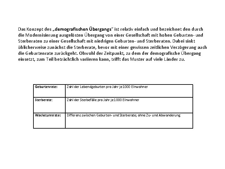 Das Konzept des „demografischen Übergangs“ ist relativ einfach und bezeichnet den durch die Modernisierung