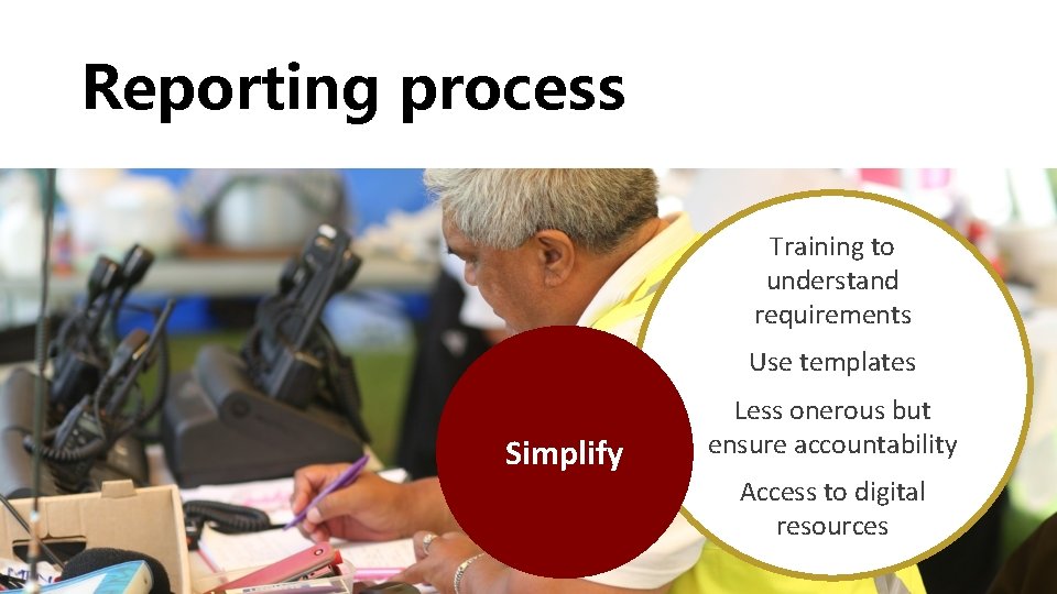 Reporting process Training to understand requirements Use templates Simplify Less onerous but ensure accountability