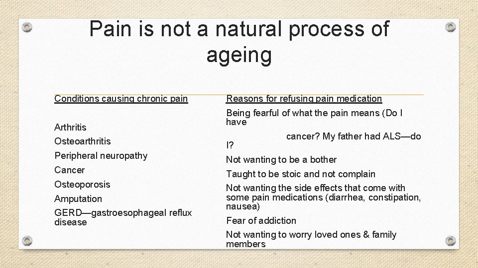 Pain is not a natural process of ageing Conditions causing chronic pain Arthritis Osteoarthritis