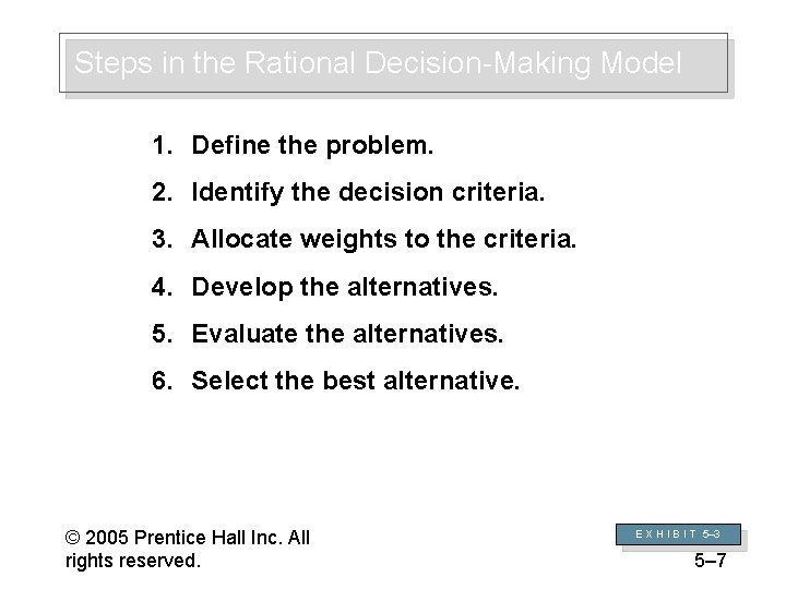 Steps in the Rational Decision-Making Model 1. Define the problem. 2. Identify the decision