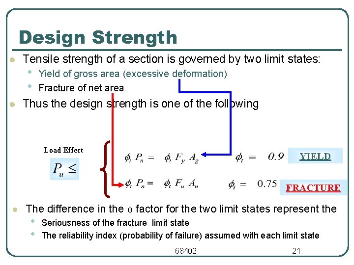 Design Strength l l Tensile strength of a section is governed by two limit