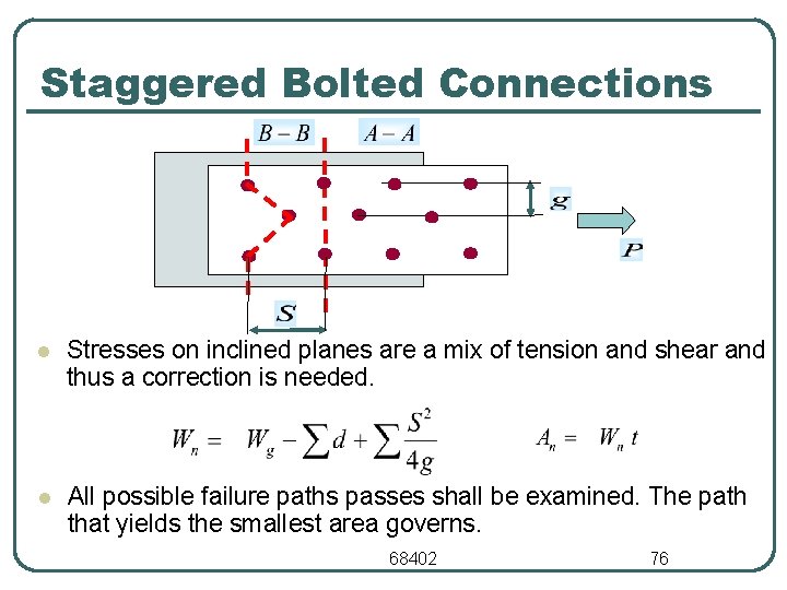 Staggered Bolted Connections l Stresses on inclined planes are a mix of tension and