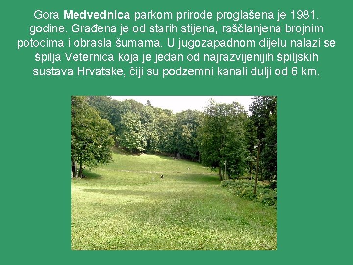 Gora Medvednica parkom prirode proglašena je 1981. godine. Građena je od starih stijena, raščlanjena