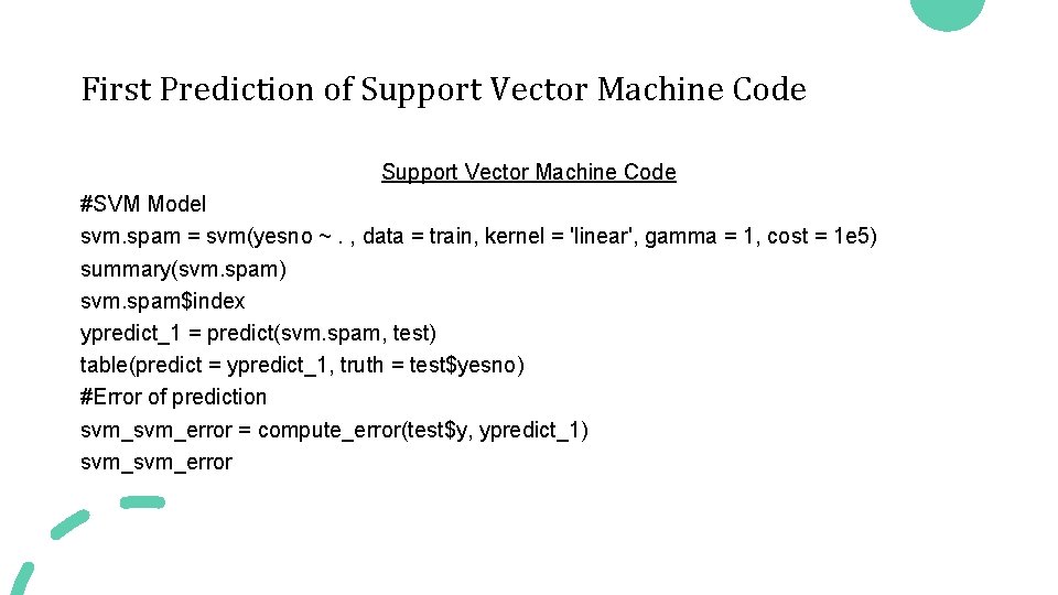 First Prediction of Support Vector Machine Code #SVM Model svm. spam = svm(yesno ~.