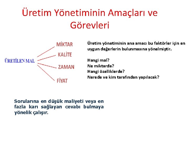 Üretim Yönetiminin Amaçları ve Görevleri Üretim yönetiminin ana amacı bu faktörler için en uygun