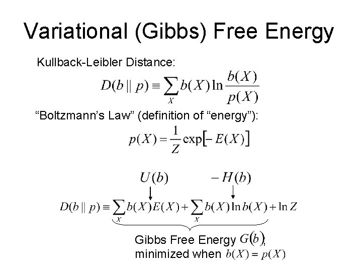 Variational (Gibbs) Free Energy Kullback-Leibler Distance: “Boltzmann’s Law” (definition of “energy”): Gibbs Free Energy