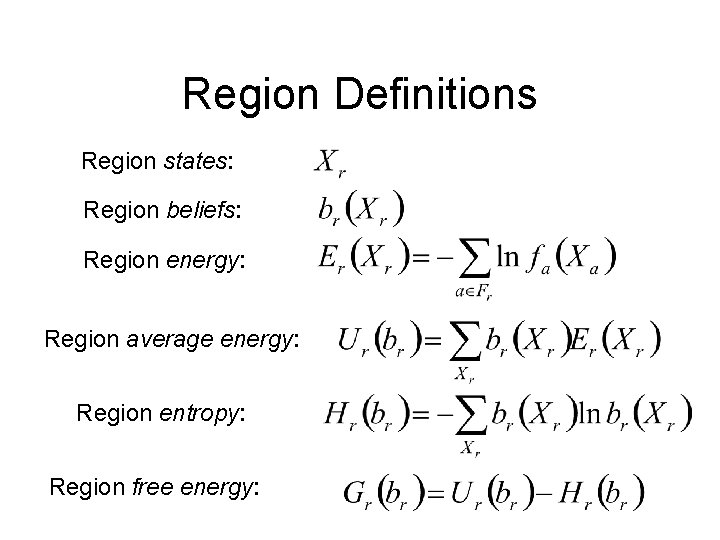 Region Definitions Region states: Region beliefs: Region energy: Region average energy: Region entropy: Region