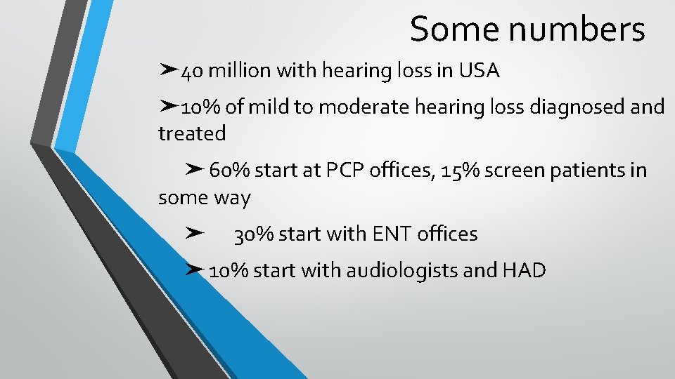 Some numbers ➤ 40 million with hearing loss in USA ➤ 10% of mild