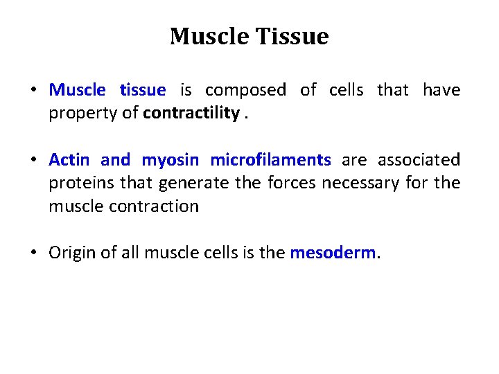 Muscle Tissue • Muscle tissue is composed of cells that have property of contractility.