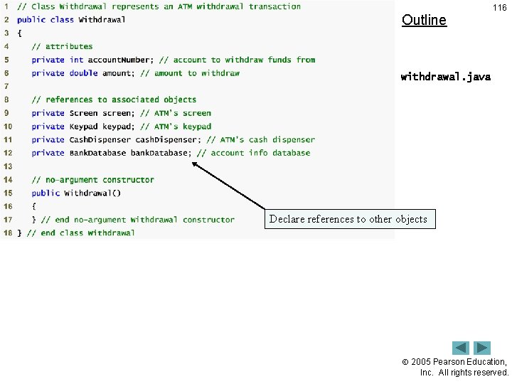 Outline 116 withdrawal. java Declare references to other objects 2005 Pearson Education, Inc. All Outline 116 withdrawal. java Declare references to other objects 2005 Pearson Education, Inc. All