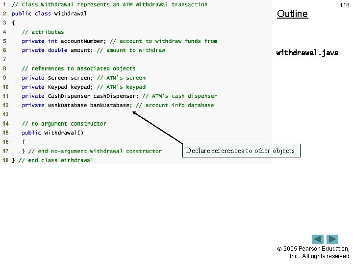 Outline 116 withdrawal. java Declare references to other objects 2005 Pearson Education, Inc. All