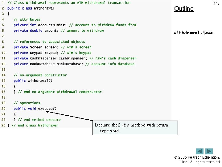 Outline 117 withdrawal. java Declare shell of a method with return type void 2005