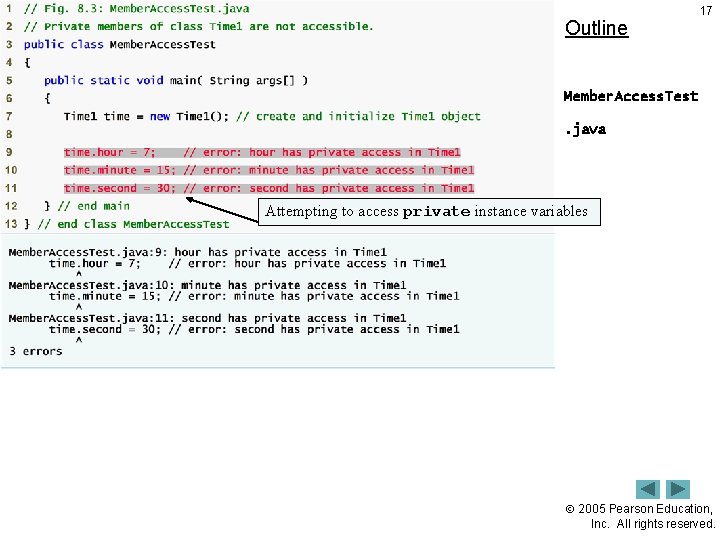 Outline 17 Member. Access. Test. java Attempting to access private instance variables 2005 Pearson Outline 17 Member. Access. Test. java Attempting to access private instance variables 2005 Pearson