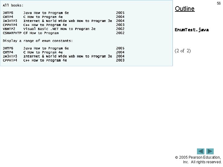 Outline 56 Enum. Test. java (2 of 2) 2005 Pearson Education, Inc. All rights Outline 56 Enum. Test. java (2 of 2) 2005 Pearson Education, Inc. All rights